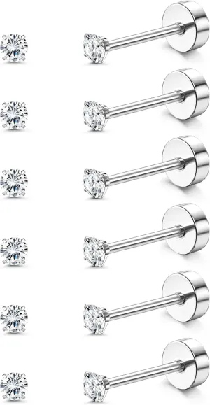 FIBO STEEL G23 Titanium Flat Back Earrings for Women Men Hypoallergenic Opal CZ Ball Tiny Studs Earrings Set for Multiple Piercings Cartilage Helix Tragus Flatback Earrings 6 Pairs 2mm/4mm