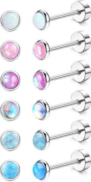 FIBO STEEL G23 Titanium Flat Back Earrings for Women Men Hypoallergenic Opal CZ Ball Tiny Studs Earrings Set for Multiple Piercings Cartilage Helix Tragus Flatback Earrings 6 Pairs 2mm/4mm