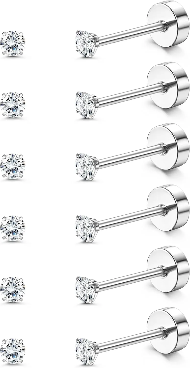 FIBO STEEL G23 Titanium Flat Back Earrings for Women Men Hypoallergenic Opal CZ Ball Tiny Studs Earrings Set for Multiple Piercings Cartilage Helix Tragus Flatback Earrings 6 Pairs 2mm/4mm