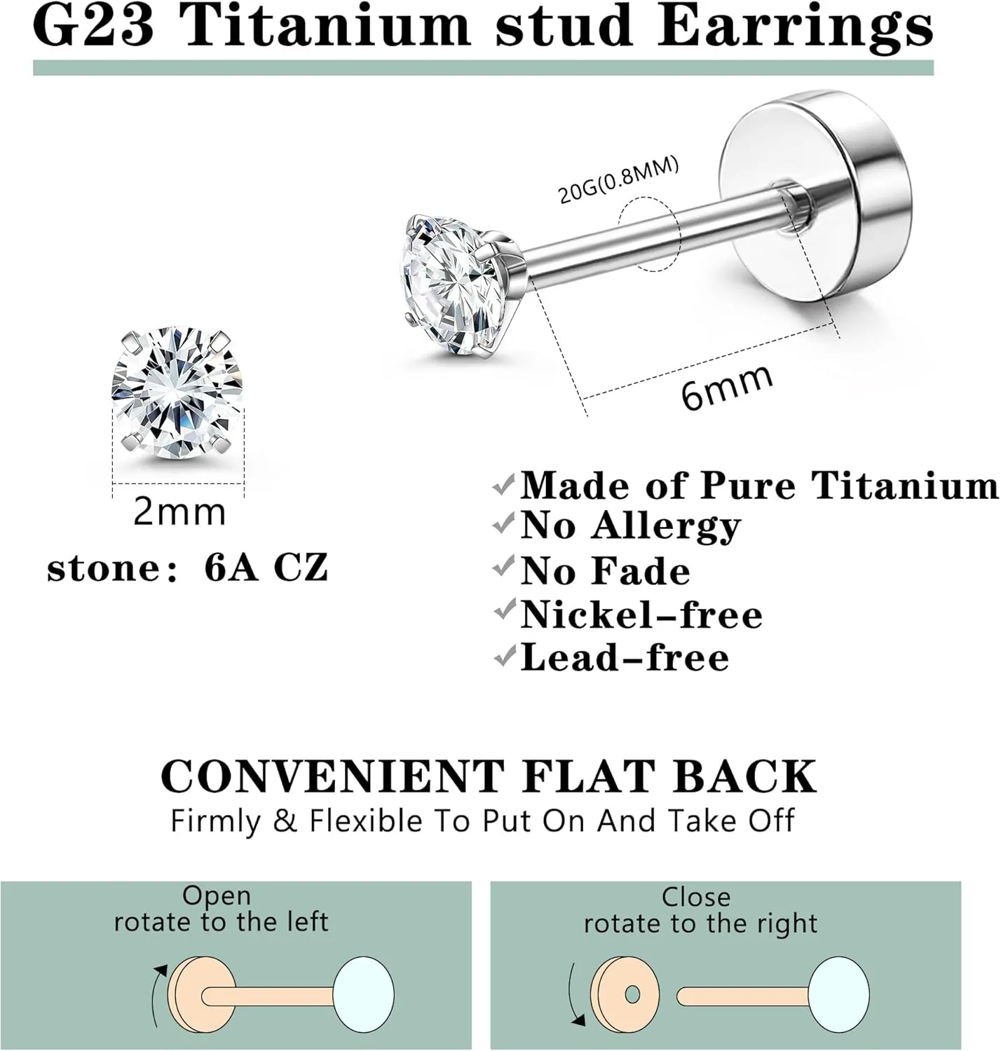 FIBO STEEL G23 Titanium Flat Back Earrings for Women Men Hypoallergenic Opal CZ Ball Tiny Studs Earrings Set for Multiple Piercings Cartilage Helix Tragus Flatback Earrings 6 Pairs 2mm/4mm