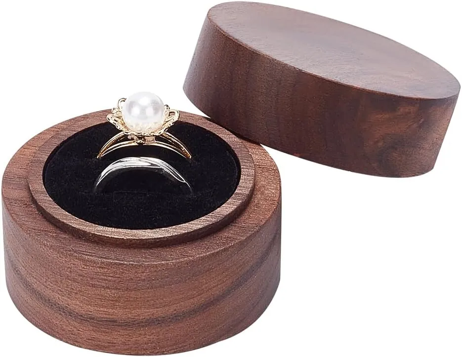 FINGERINSPIRE Round Wood Couple Ring Box with Black Velvet Inside 2x1.4inch Coffee Color Wooden Jewelry Ring Box 2 Slots Column for Proposal Engagement Wedding