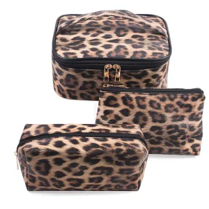FITINI Leopard Makeup Bag 3 Pack Travel Toiletry Bag Portable Cheetah Printed Women Cosmetic Pouch Organizer with Zipper Waterproof Storage Case for Girls