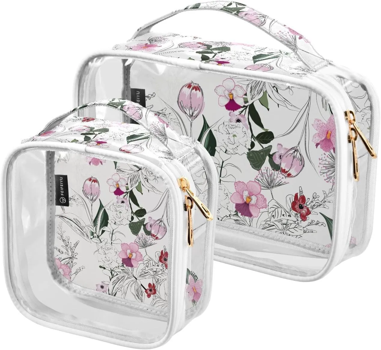 Floral Fashion 2 Pieces Clear Makeup Cosmetic Bags for Traveling Vacation Organizing, Toiletry Bags for Women Men, PVC Waterproof Travel Organizer