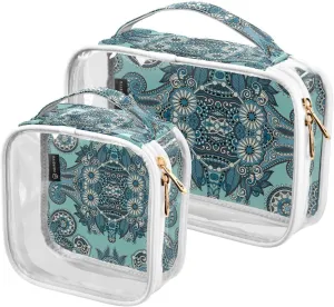 Floral Paisley Theme 2 Pieces Clear Makeup Cosmetic Bags for Traveling Vacation Organizing, Toiletry Bags for Women Men, PVC Waterproof Travel Organizer