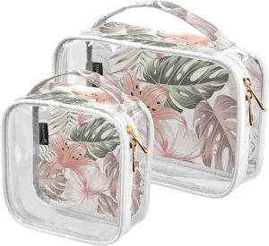 Floral-tropical-print 2 Pieces Clear Makeup Cosmetic Bags for Traveling Vacation Organizing, Toiletry Bags for Women Men, PVC Waterproof Travel Organizer