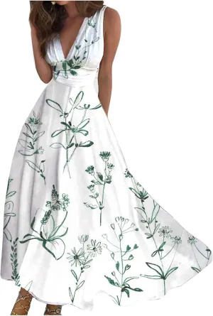 Flowy Dresses for Women Deep V Neck Casual Floral Long Dress Sleeveless Swing Cute Dresses Sexy Maxi Elegant Dress