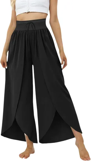 Flowy Pants for Women Wide Leg High Split Palazzo Trousers Elastic Waist Beach Pants for Casual Yoga Dance Summer