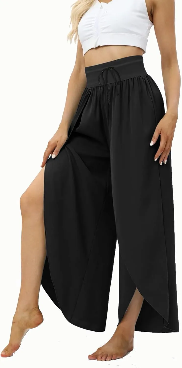 Flowy Pants for Women Wide Leg High Split Palazzo Trousers Elastic Waist Beach Pants for Casual Yoga Dance Summer