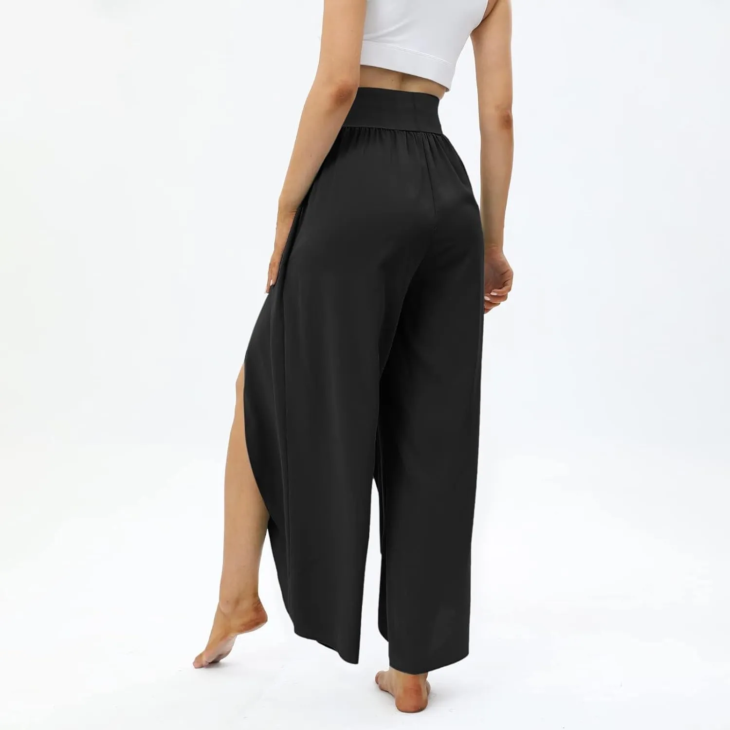 Flowy Pants for Women Wide Leg High Split Palazzo Trousers Elastic Waist Beach Pants for Casual Yoga Dance Summer