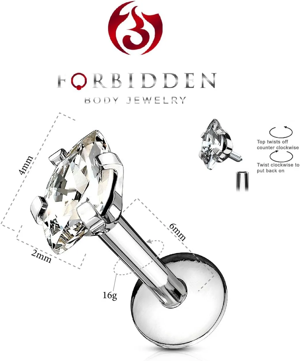 Forbidden Body Jewelry Tragus Earring, Labret Jewelry 16g, Tragus Piercing Jewelry Surgical Steel, Internally Threaded Surgical Steel Marquise CZ Labret Stud (Pick Color/Length)