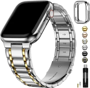 Fullmosa Bands Compatible Apple Watch 45mm 44mm 42mm, Stainless Steel iWatch Band with Case for Apple Watch Series 9 8 7 6 5 4 3 2 1 SE, Silver and Gold