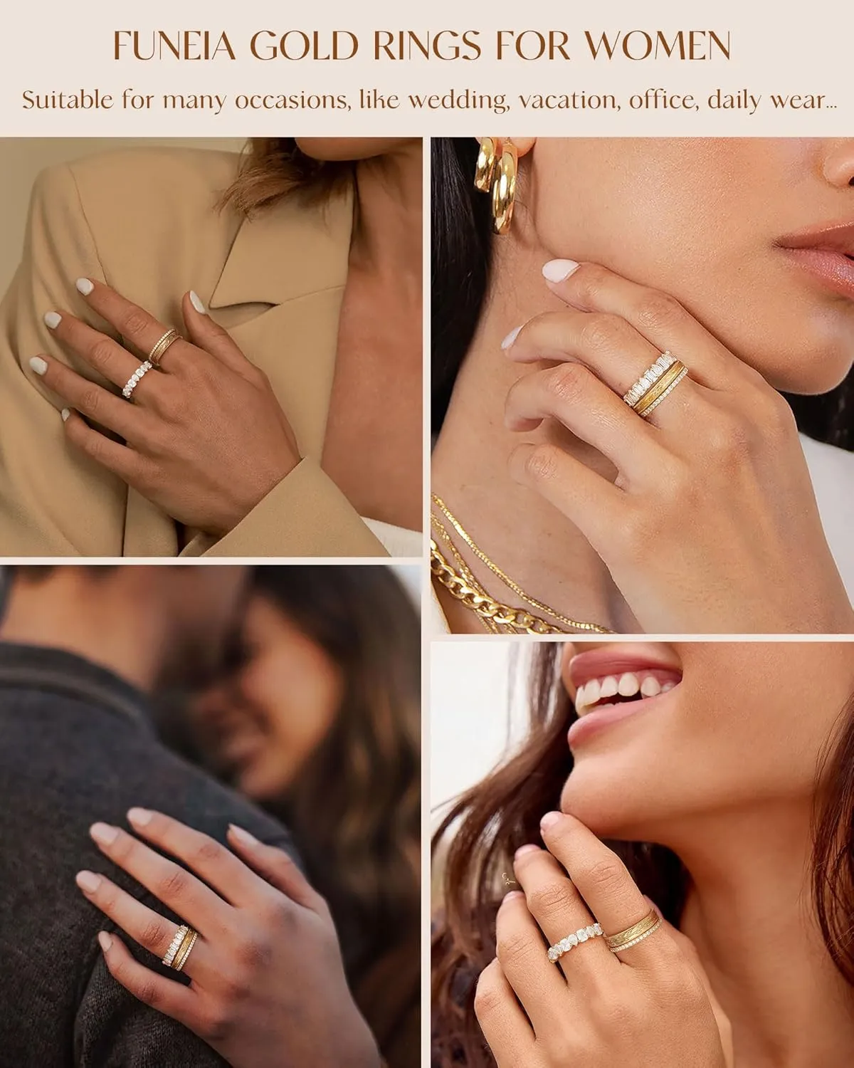 FUNEIA Stackable Gold Rings for Women Non Tarnish Chunky 14K Gold Plated Rings that Don't Tarnish Engagement Cubic Zirconia Ring Set Stack Dainty Pinky Wedding Bands Thumb Rings Gold Jewelry Size 6-11