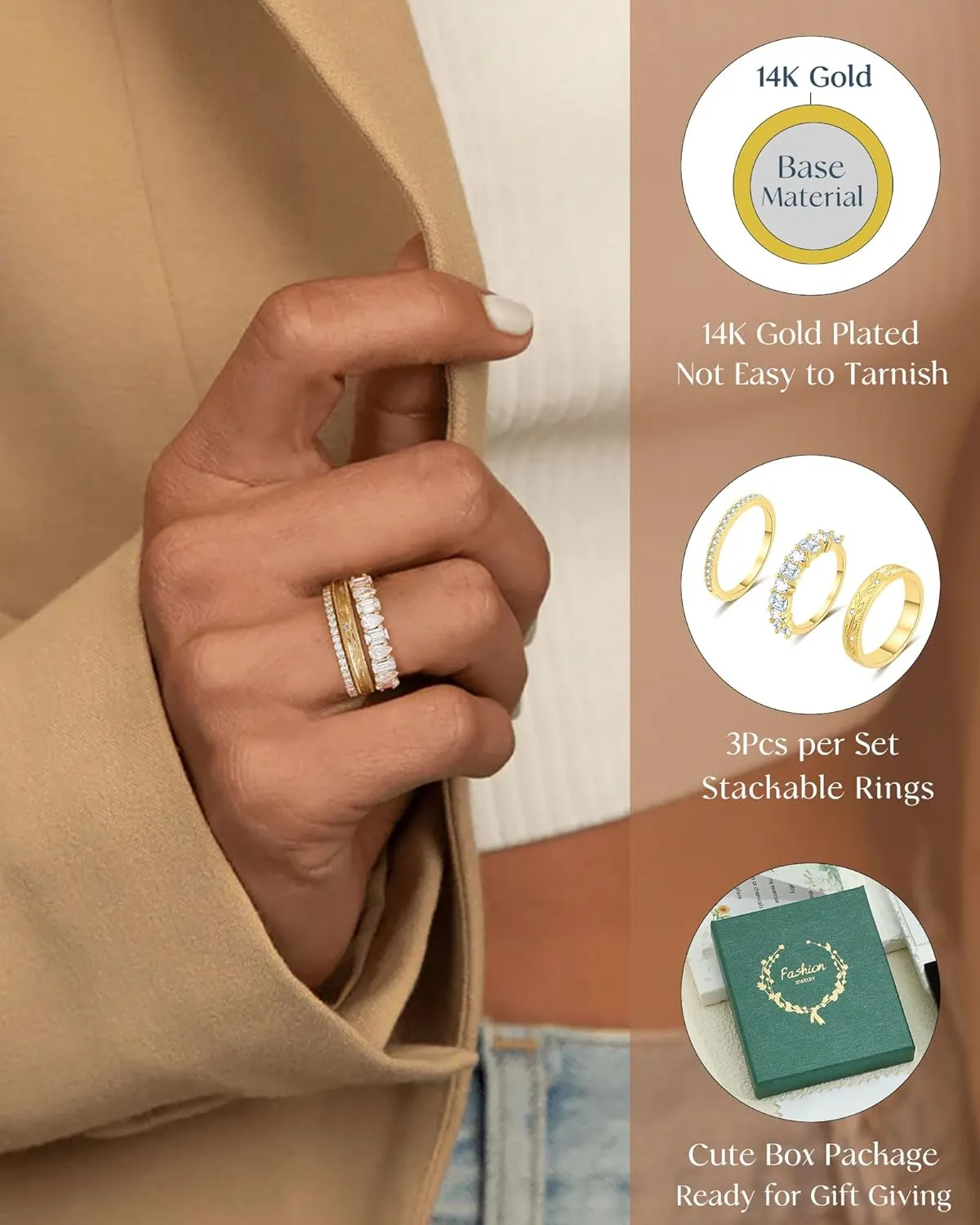 FUNEIA Stackable Gold Rings for Women Non Tarnish Chunky 14K Gold Plated Rings that Don't Tarnish Engagement Cubic Zirconia Ring Set Stack Dainty Pinky Wedding Bands Thumb Rings Gold Jewelry Size 6-11