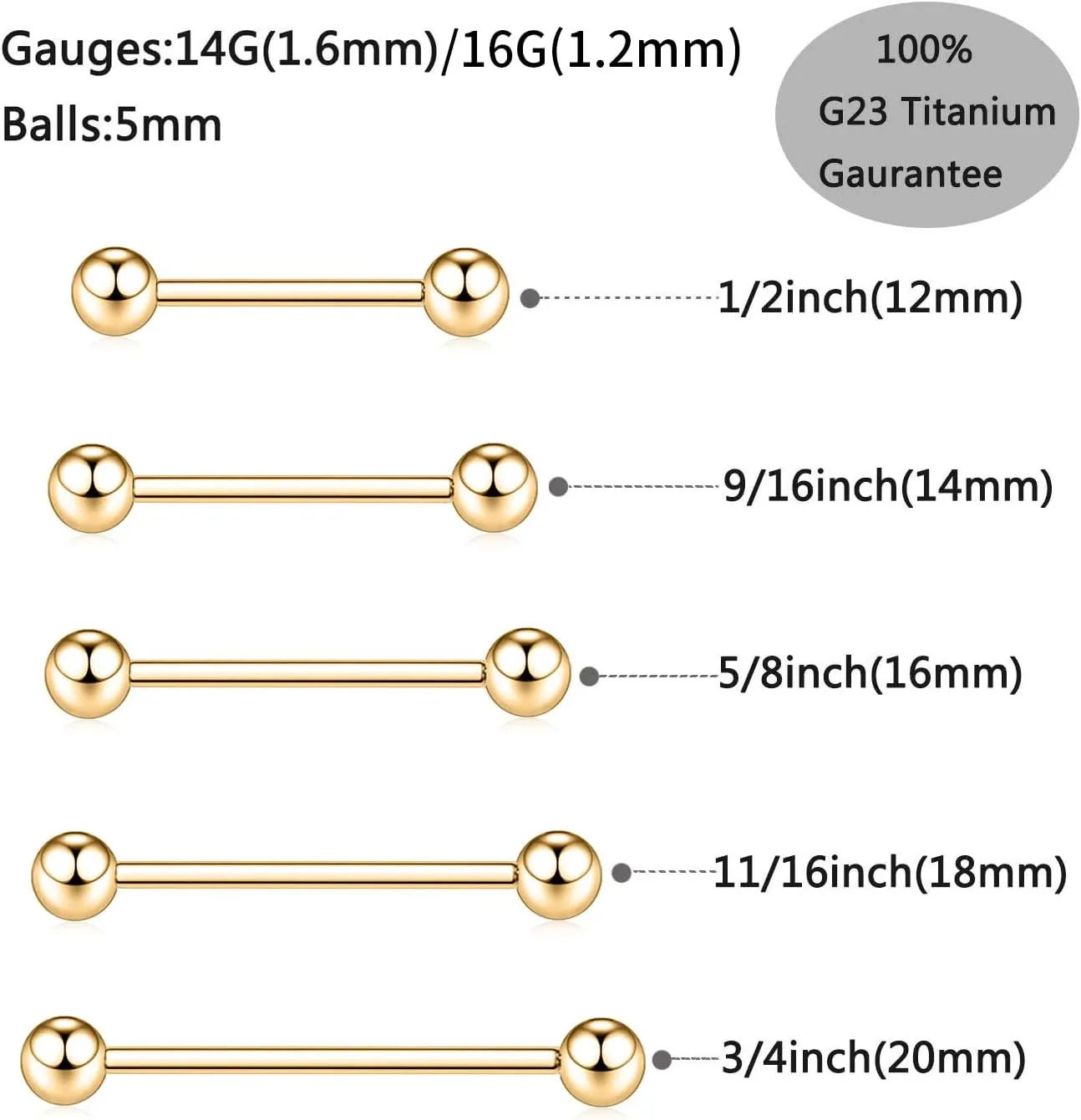 FUNLMO 1 Pair Nipple Rings G23 Titanium Nipple Piercing Jewelry Tongue Rings Internally Threaded Nipple Jewelry Bridge Piercing Jewelry 16G 14G 12G 12mm-18mm