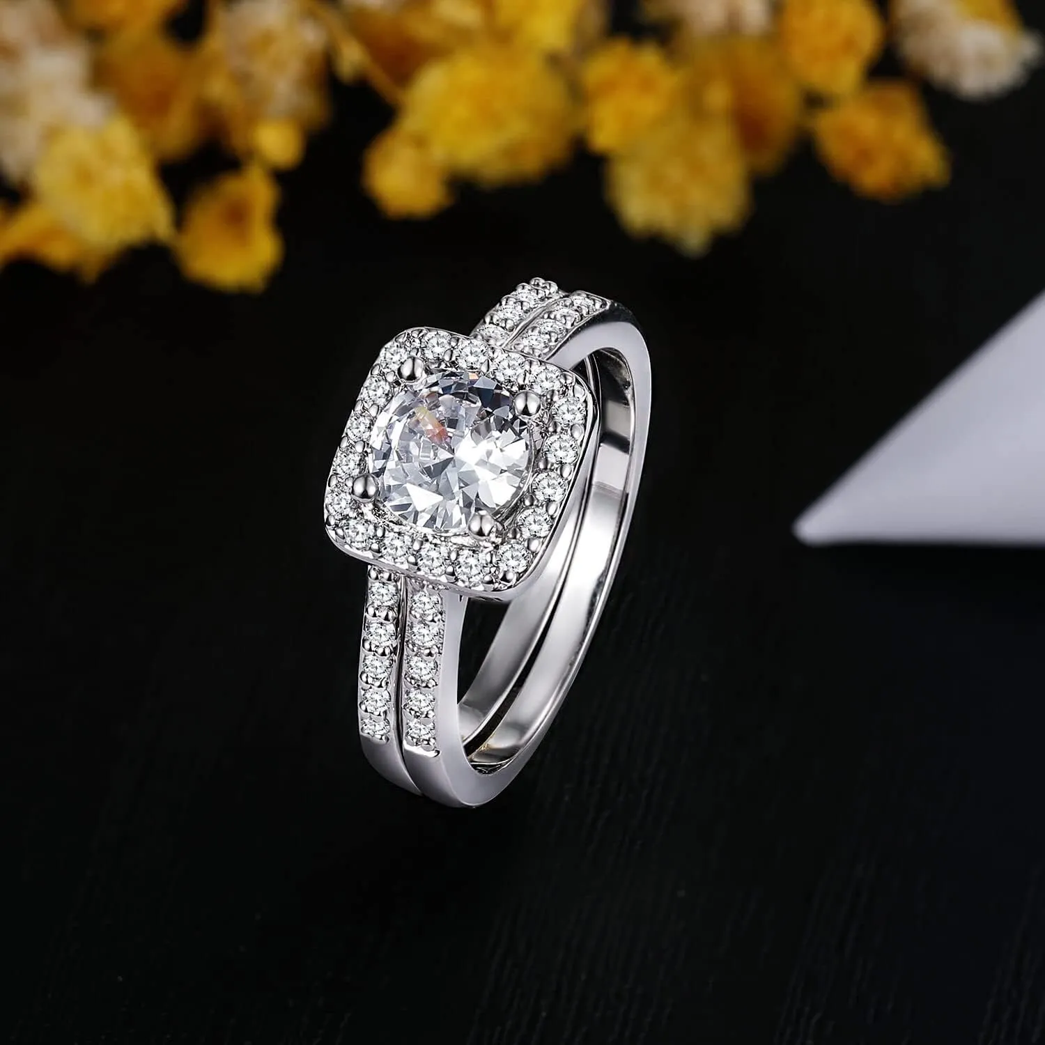 Gemsme 18K Gold Plated Two-in-One Wedding Engagement Eternity Rings Halo Cubic Zirconia Bridal Rings Set