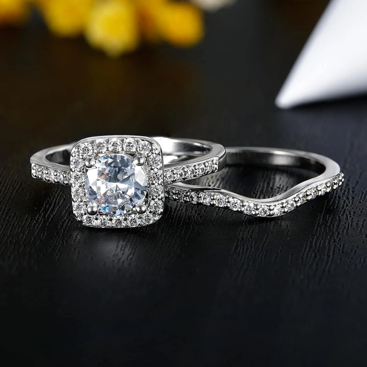 Gemsme 18K Gold Plated Two-in-One Wedding Engagement Eternity Rings Halo Cubic Zirconia Bridal Rings Set