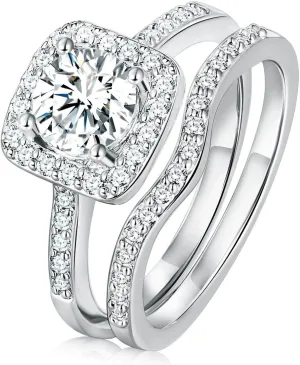 Gemsme 18K Gold Plated Two-in-One Wedding Engagement Eternity Rings Halo Cubic Zirconia Bridal Rings Set