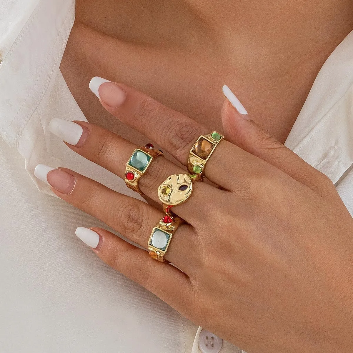 Gemstone Gold Rings for Women Non Tarnish Chunky Silver Stackable Rings for Women Adjustable Trendy Dainty Thick Chunky Jewelry