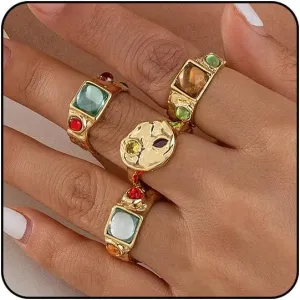 Gemstone Gold Rings for Women Non Tarnish Chunky Silver Stackable Rings for Women Adjustable Trendy Dainty Thick Chunky Jewelry