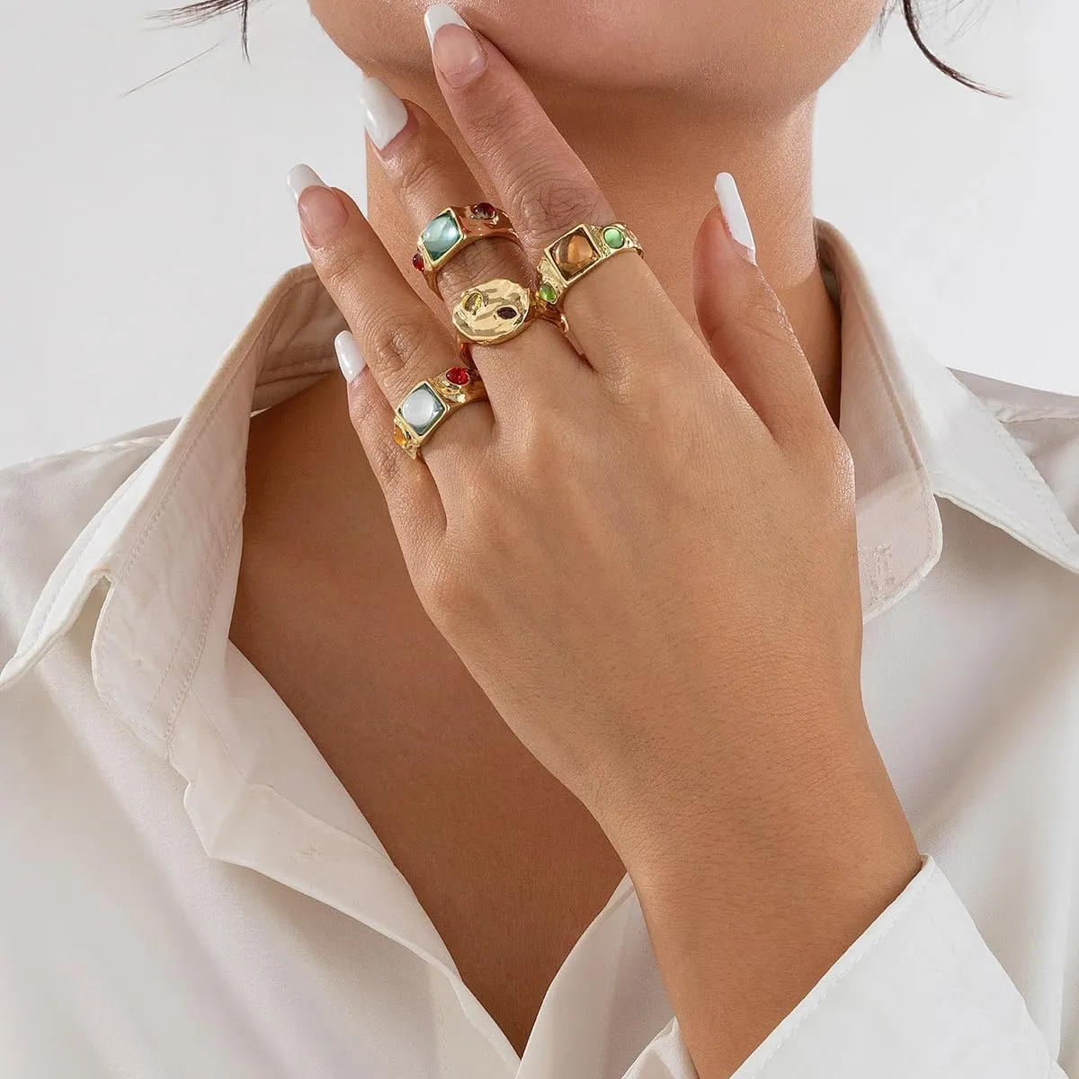 Gemstone Gold Rings for Women Non Tarnish Chunky Silver Stackable Rings for Women Adjustable Trendy Dainty Thick Chunky Jewelry