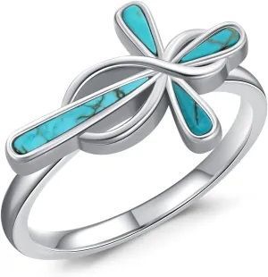 Genuine Turquoise Cross Rings for Women Infinity 925 Sterling Silver Gemstone Faith Ring Jewelry for Her