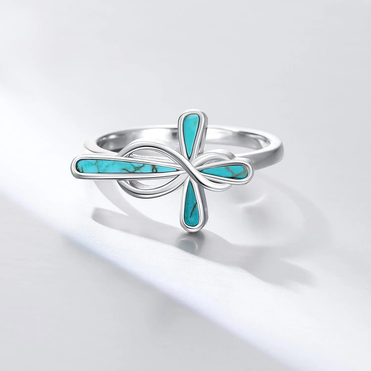 Genuine Turquoise Cross Rings for Women Infinity 925 Sterling Silver Gemstone Faith Ring Jewelry for Her
