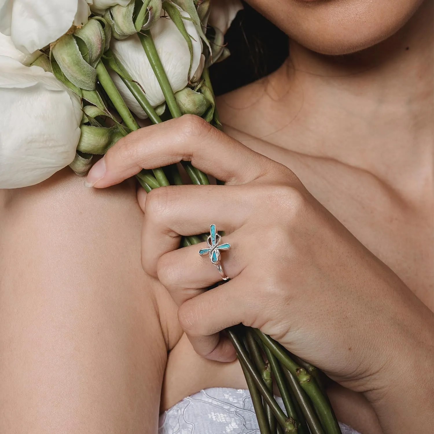 Genuine Turquoise Cross Rings for Women Infinity 925 Sterling Silver Gemstone Faith Ring Jewelry for Her