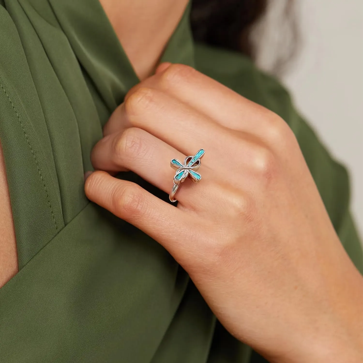 Genuine Turquoise Cross Rings for Women Infinity 925 Sterling Silver Gemstone Faith Ring Jewelry for Her