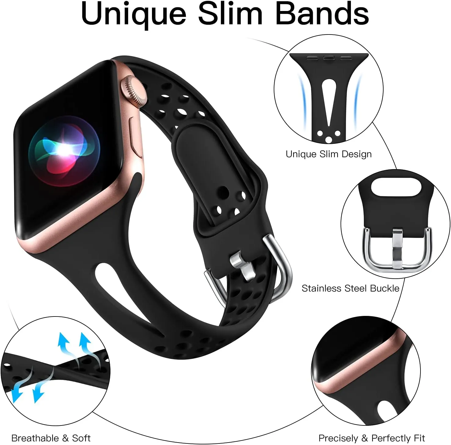 Getino Compatible with Apple Watch Bands 38mm 40mm 41mm 42mm 44mm 45mm 46mm 49mm iWatch Band for Women Men, Soft Durable Breathable Thin Slim Narrow Band for iWatch Ultra 2 SE Series 10 9 8 7 6 5 4 3