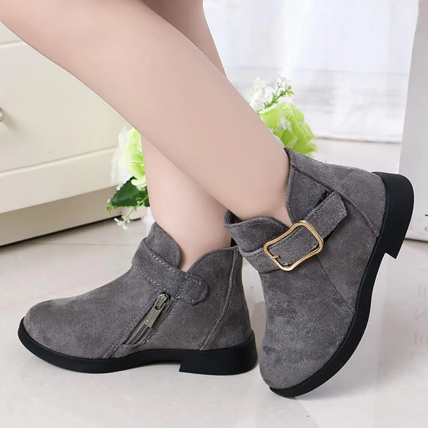 Girl Boots Kids Ankle Boots Warm Side Zipper Boots Low Heel Short Booties Winter Snow Boots Anti-Slip Shoes