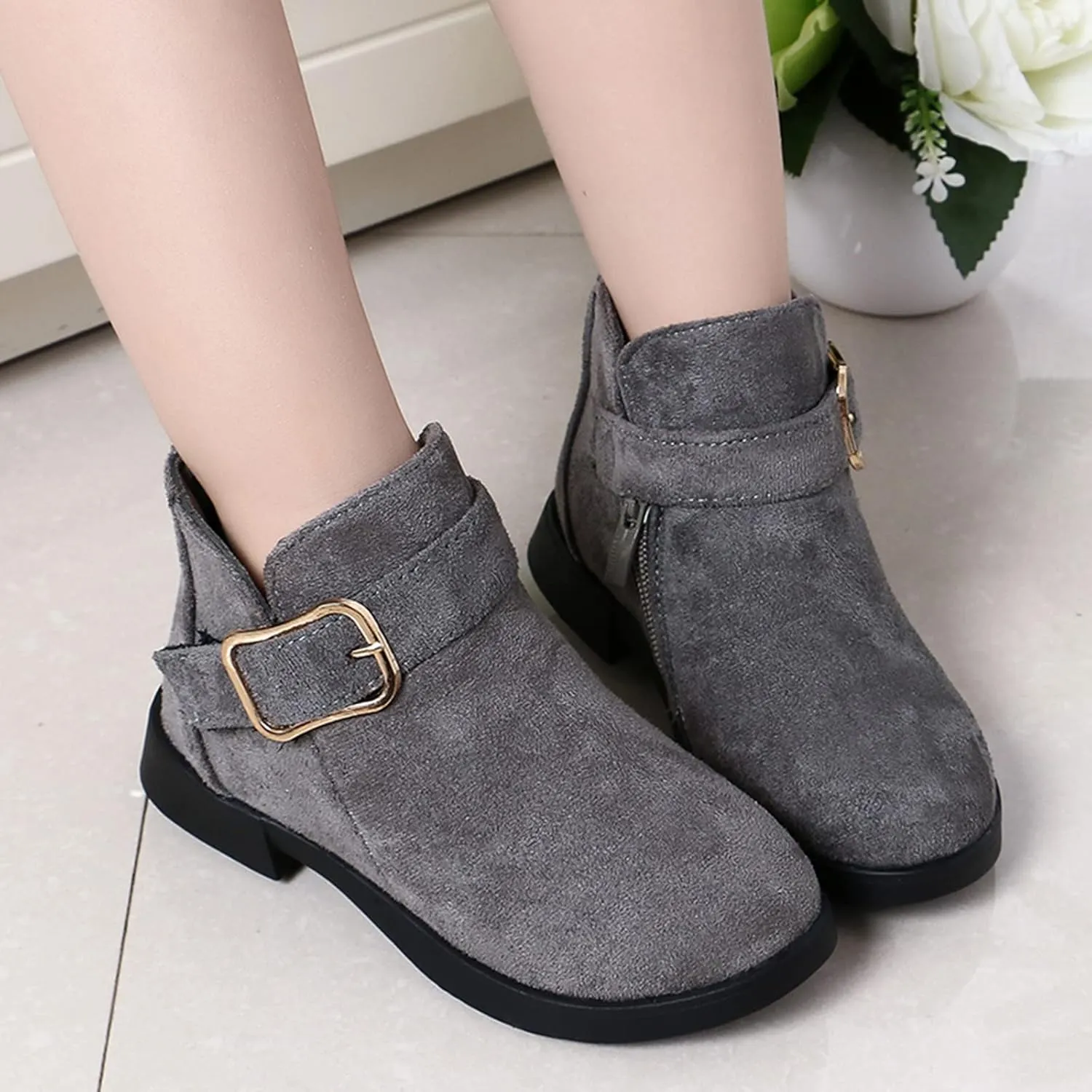 Girl Boots Kids Ankle Boots Warm Side Zipper Boots Low Heel Short Booties Winter Snow Boots Anti-Slip Shoes