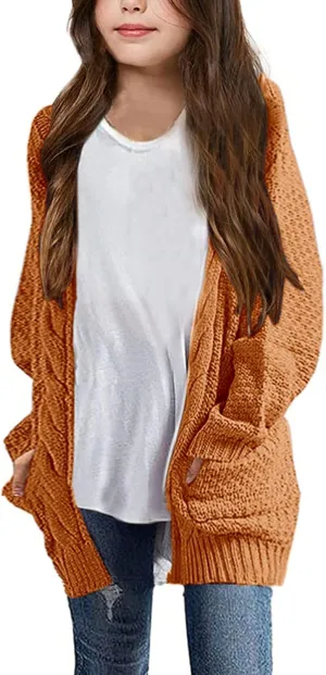 Girls Long Sleeve Cardigan Sweaters Open Front Cable Knit Chunky Cardigans Kids Oversized Cute Outerwear Coat