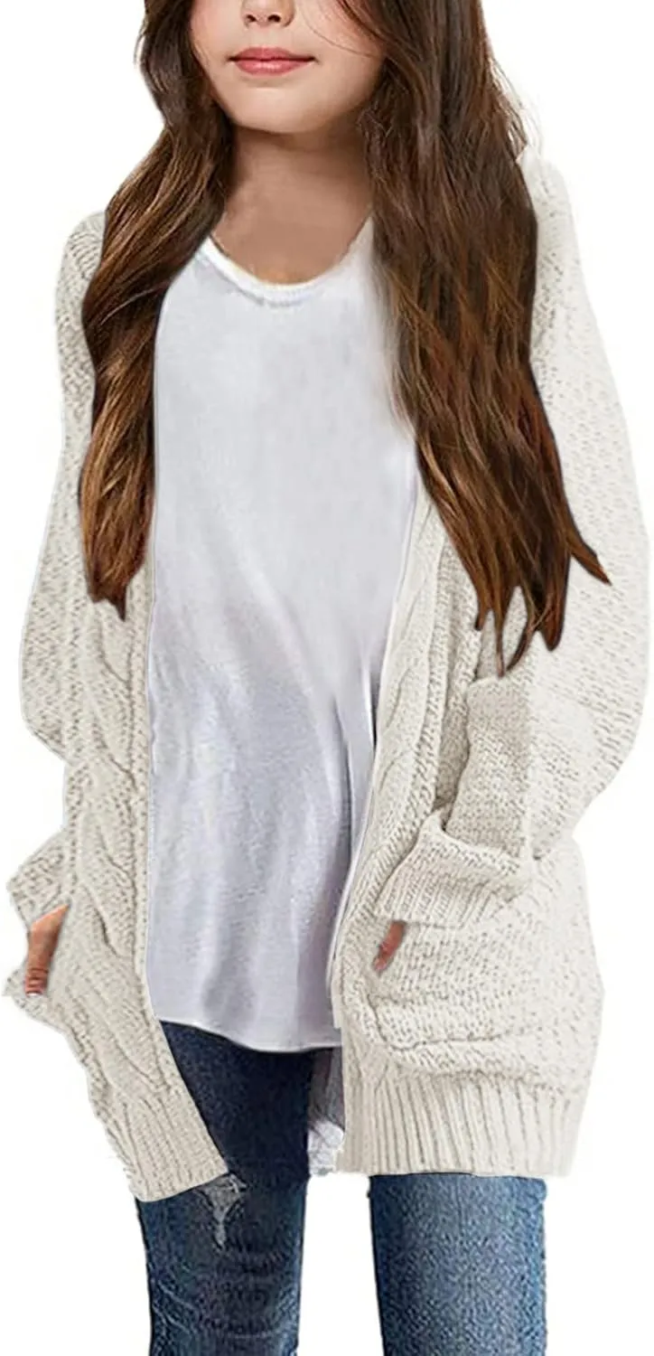 Girls Long Sleeve Cardigan Sweaters Open Front Cable Knit Chunky Cardigans Kids Oversized Cute Outerwear Coat