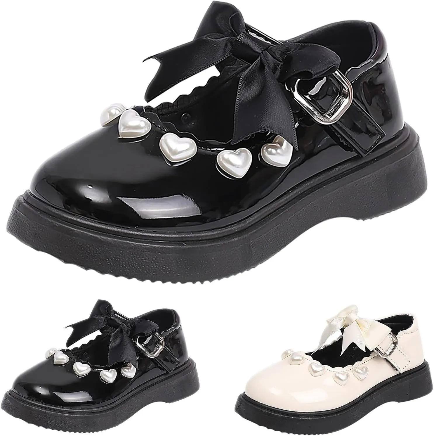 Girls Mary Jane Shoes Pearl Elegant Cute Sole Rubber Sneakers School Uniform Wedding Shoes Kids Non Slip Lightweight