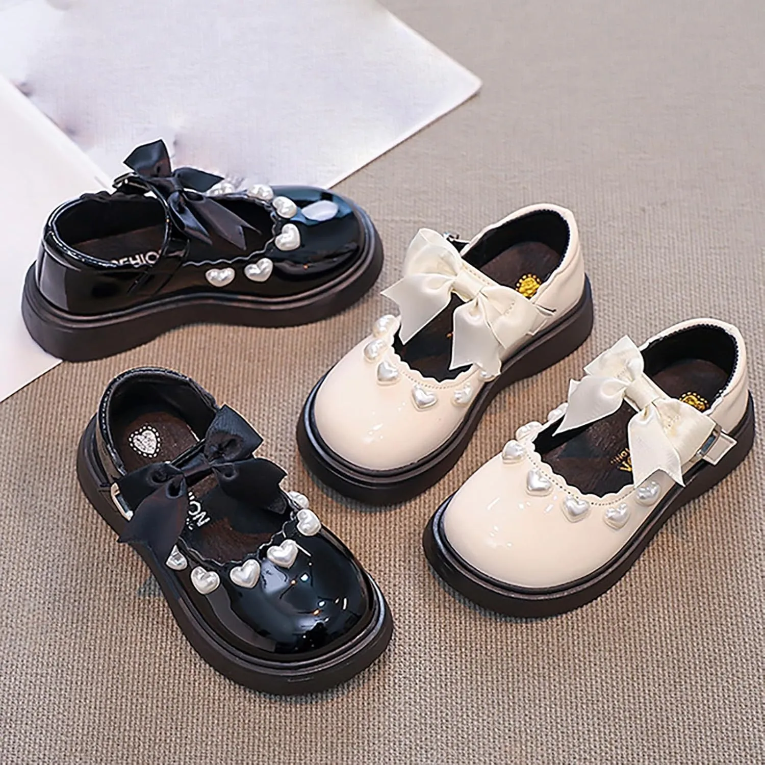 Girls Mary Jane Shoes Pearl Elegant Cute Sole Rubber Sneakers School Uniform Wedding Shoes Kids Non Slip Lightweight
