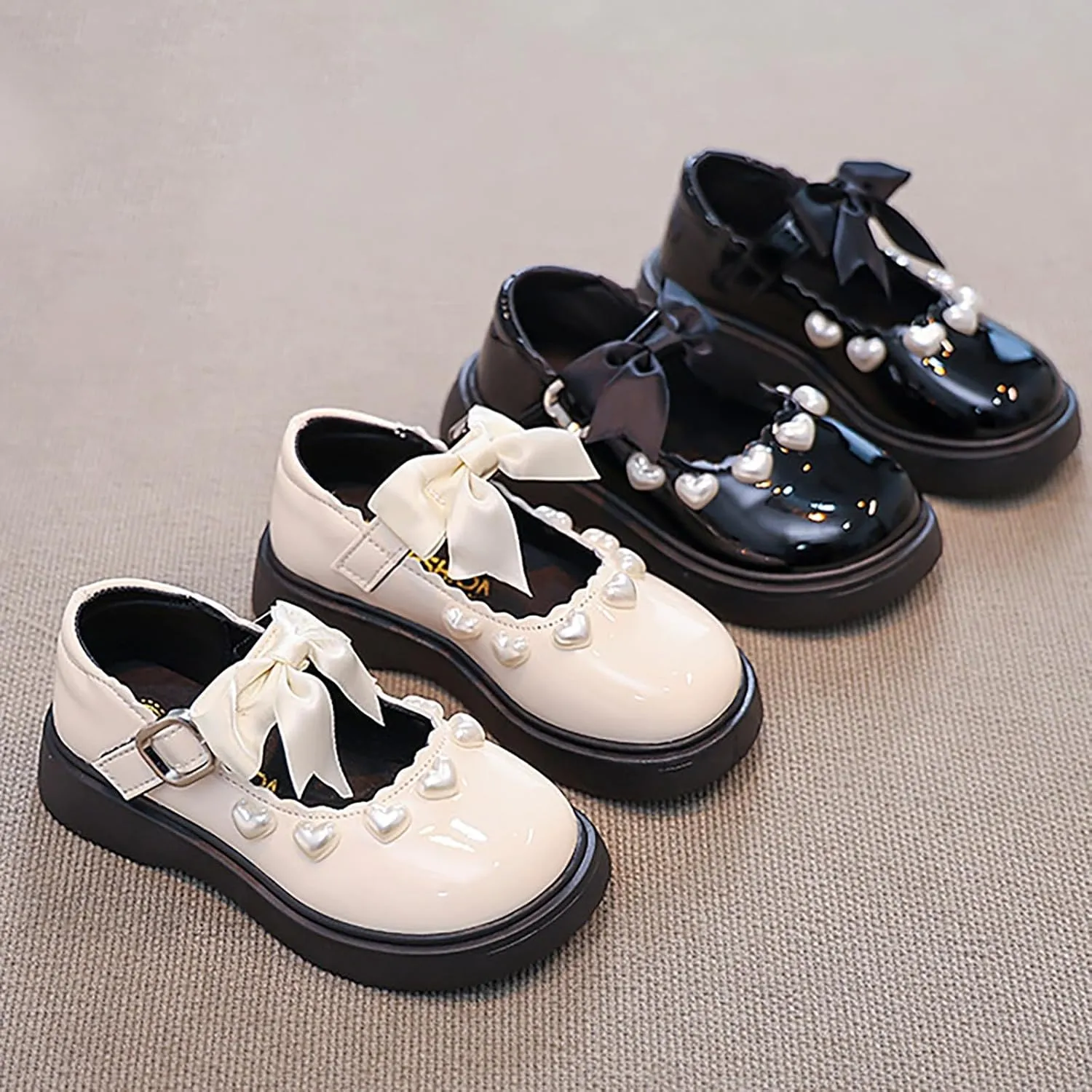 Girls Mary Jane Shoes Pearl Elegant Cute Sole Rubber Sneakers School Uniform Wedding Shoes Kids Non Slip Lightweight