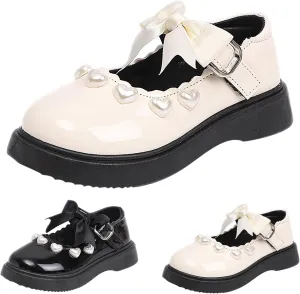 Girls Mary Jane Shoes Pearl Elegant Cute Sole Rubber Sneakers School Uniform Wedding Shoes Kids Non Slip Lightweight