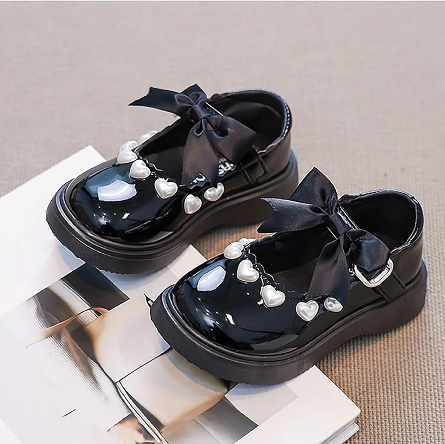 Girls Mary Jane Shoes Pearl Elegant Cute Sole Rubber Sneakers School Uniform Wedding Shoes Kids Non Slip Lightweight