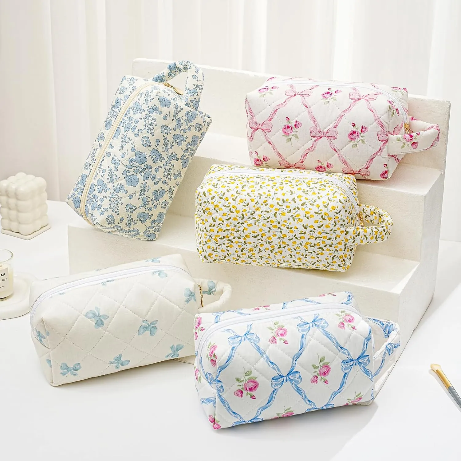 Gleyemor Cute Small Quilted Makeup Bag for Women, Floral Cotton Cosmetic Bag, Toiletry Pouch Travel Essentials Christmas Gifts (Pink Bowknot)