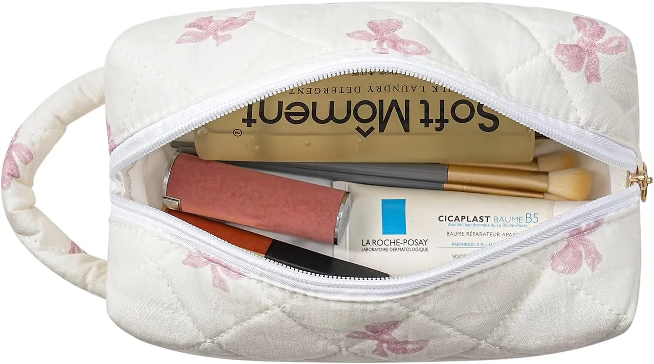 Gleyemor Cute Small Quilted Makeup Bag for Women, Floral Cotton Cosmetic Bag, Toiletry Pouch Travel Essentials Christmas Gifts (Pink Bowknot)