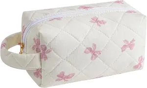 Gleyemor Cute Small Quilted Makeup Bag for Women, Floral Cotton Cosmetic Bag, Toiletry Pouch Travel Essentials Christmas Gifts (Pink Bowknot)