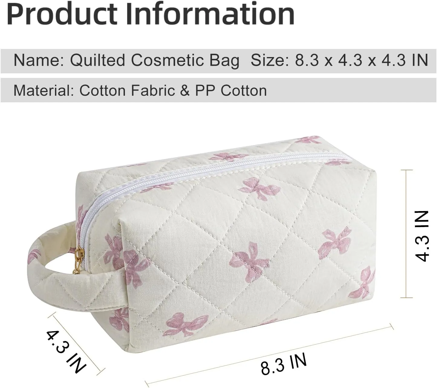 Gleyemor Cute Small Quilted Makeup Bag for Women, Floral Cotton Cosmetic Bag, Toiletry Pouch Travel Essentials Christmas Gifts (Pink Bowknot)