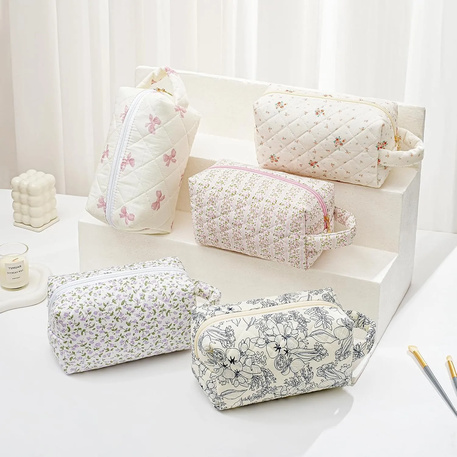Gleyemor Cute Small Quilted Makeup Bag for Women, Floral Cotton Cosmetic Bag, Toiletry Pouch Travel Essentials Christmas Gifts (Pink Bowknot)