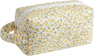 Gleyemor Cute Small Quilted Makeup Bag for Women, Floral Cotton Cosmetic Bag, Toiletry Pouch Travel Essentials Christmas Gifts (Yellow Floral)