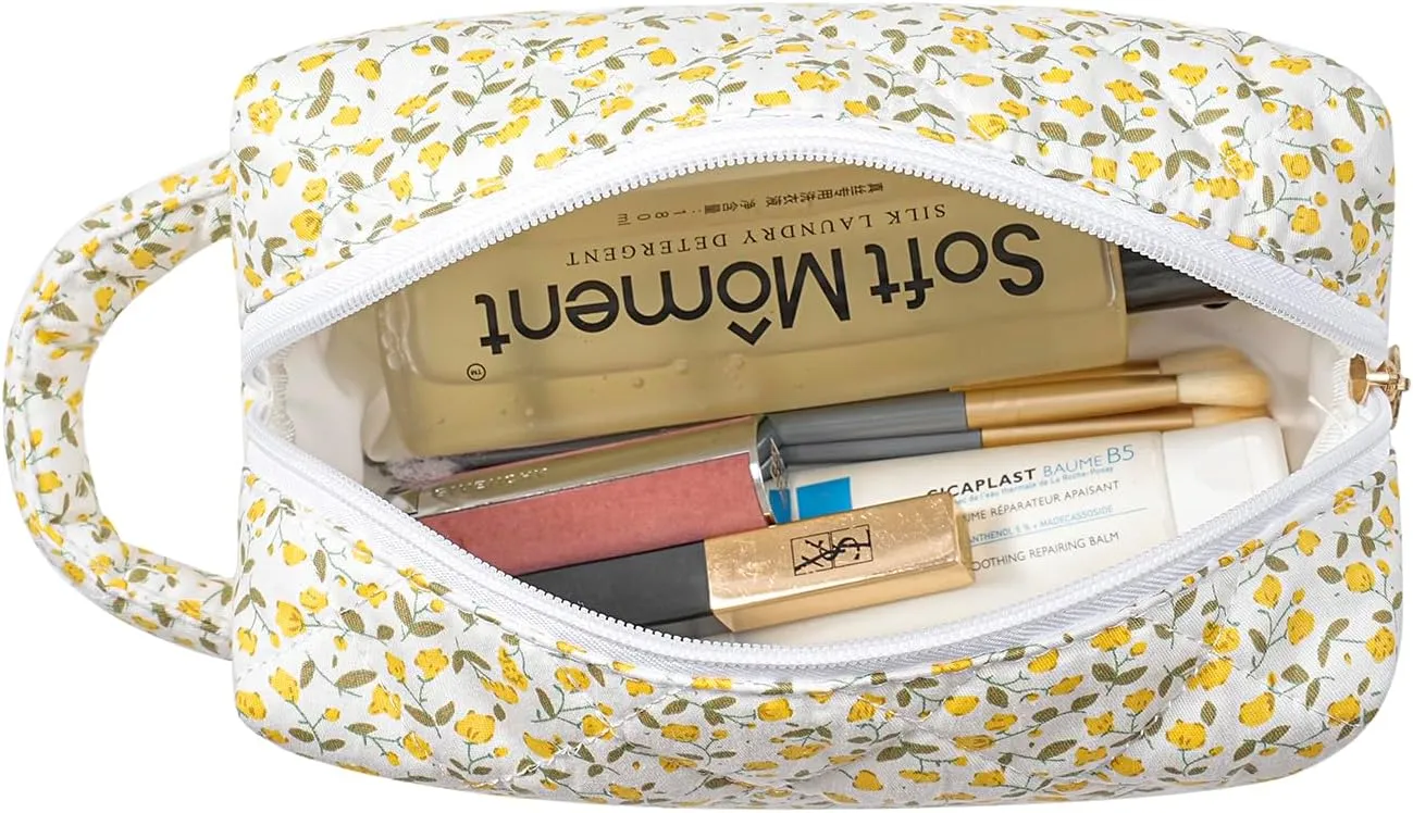 Gleyemor Cute Small Quilted Makeup Bag for Women, Floral Cotton Cosmetic Bag, Toiletry Pouch Travel Essentials Christmas Gifts (Yellow Floral)