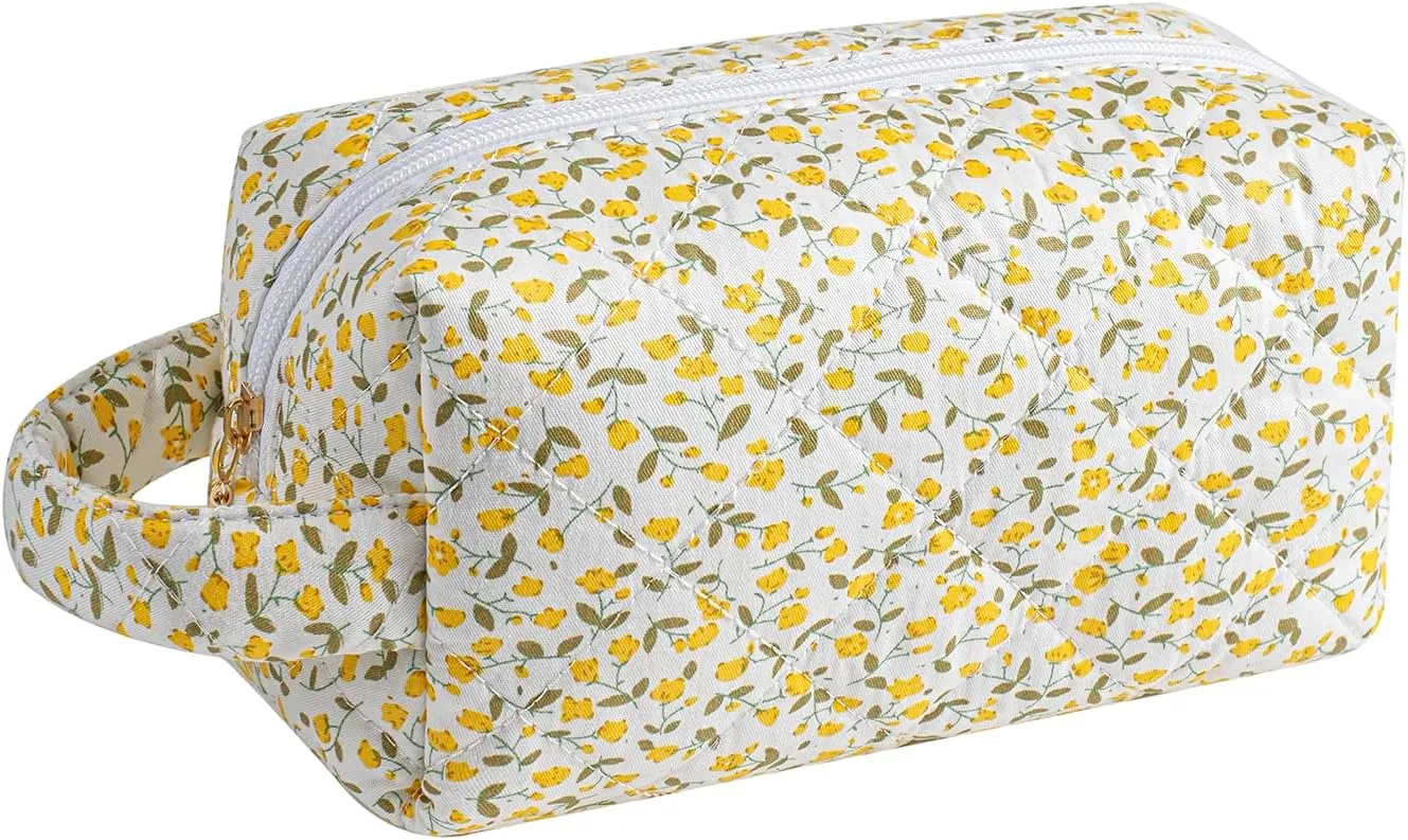 Gleyemor Cute Small Quilted Makeup Bag for Women, Floral Cotton Cosmetic Bag, Toiletry Pouch Travel Essentials Christmas Gifts (Yellow Floral)