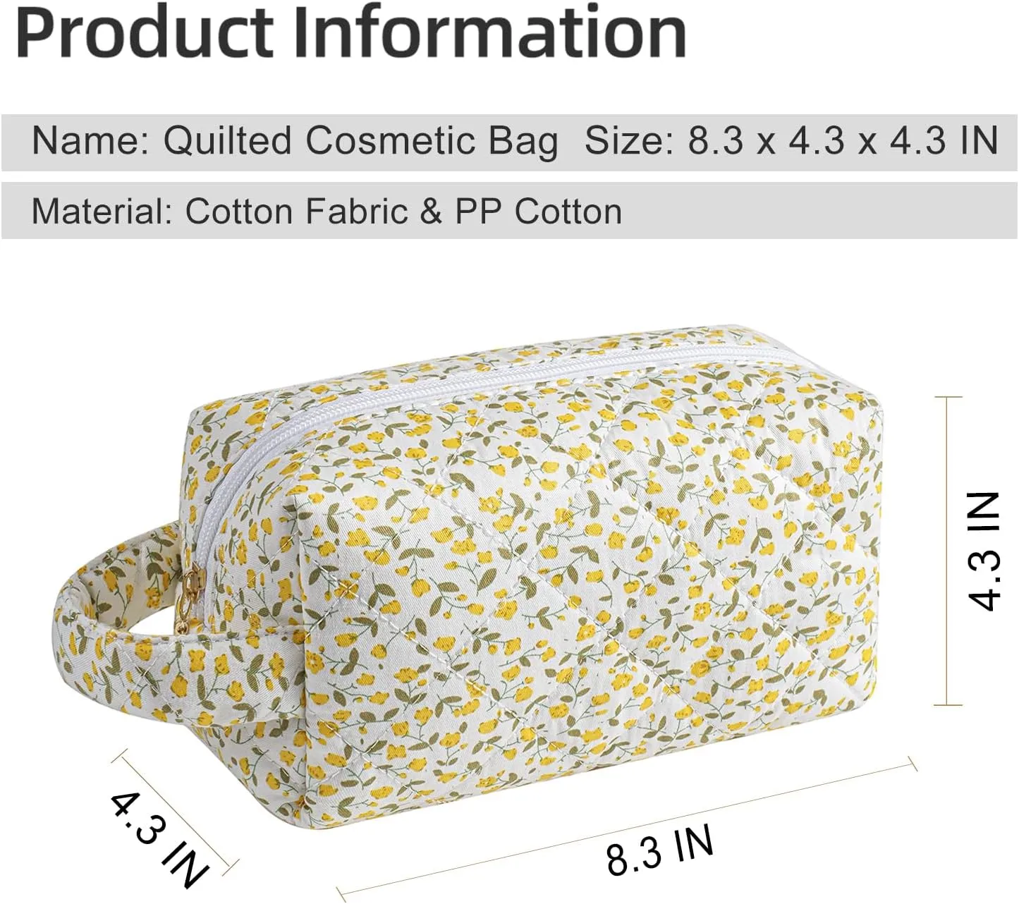 Gleyemor Cute Small Quilted Makeup Bag for Women, Floral Cotton Cosmetic Bag, Toiletry Pouch Travel Essentials Christmas Gifts (Yellow Floral)