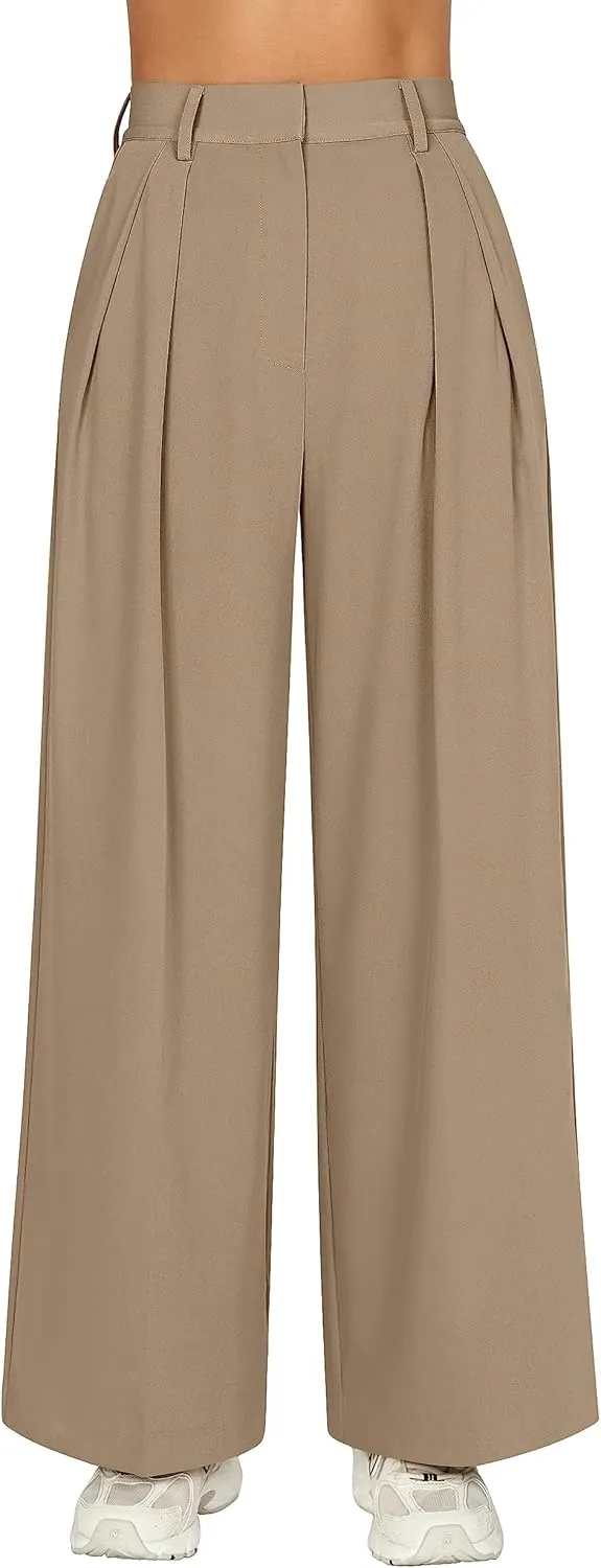 GOKATOSAU Women's Loose Fit High Elastic Waisted Wide Leg Straight Long Trousers Suit Pants