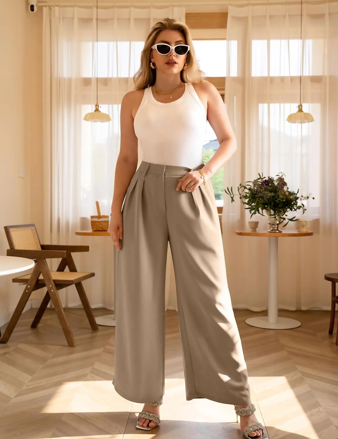 GOKATOSAU Women's Loose Fit High Elastic Waisted Wide Leg Straight Long Trousers Suit Pants