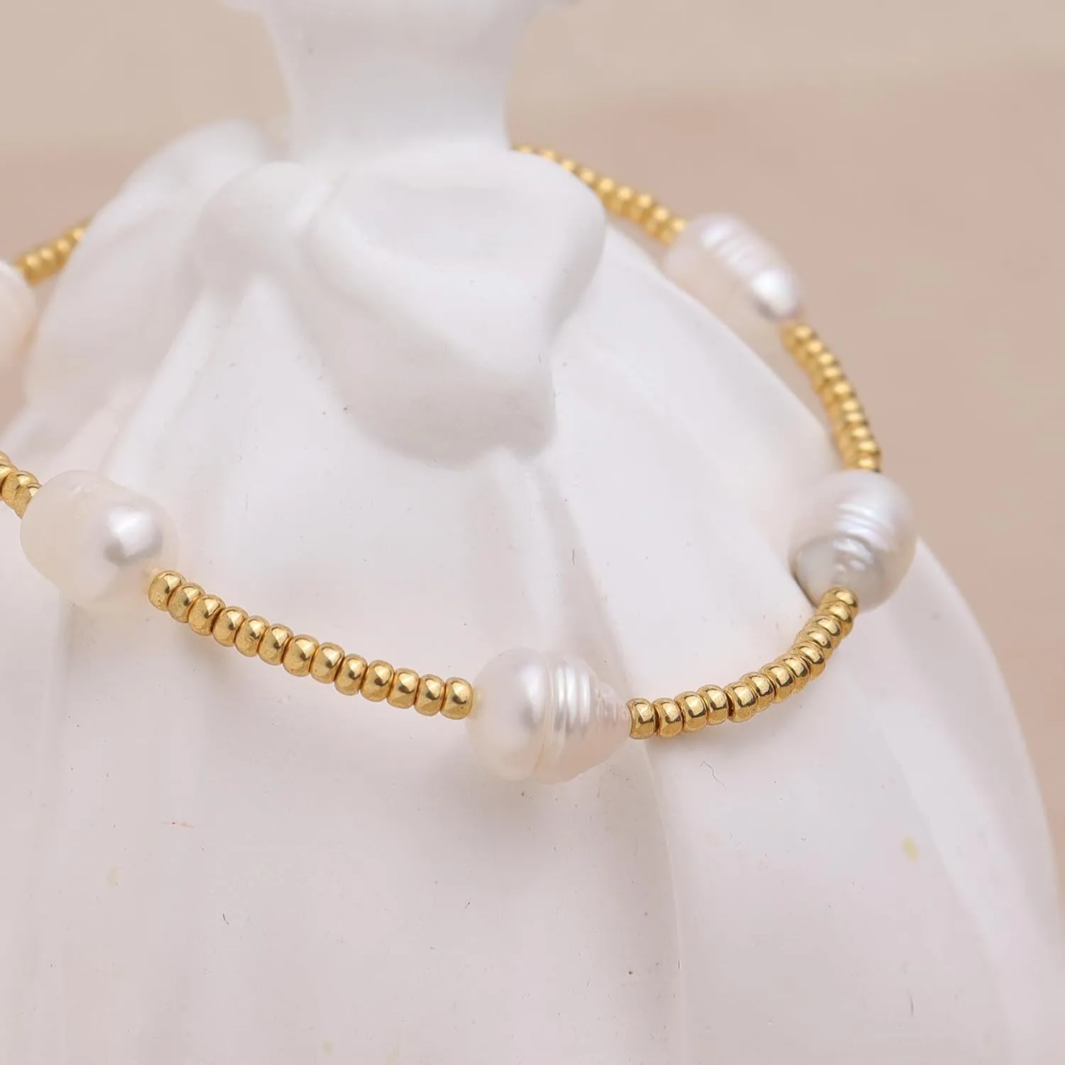 Gold beaded Pearl Heart Bracelets for Women, Cute Handmade Stackable Boho Beads Ball Friendship stretch Bracelet Summer Beach Jewelry Gift